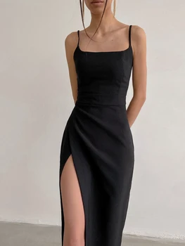 Yaz kadın Elbise Seksi Kaşkorse Backless Kare Boyun Yan Bölünmüş Kayma İnce A-line uzun elbise Zarif Parti Elbiseler kadınlar için - Görüntü 2  