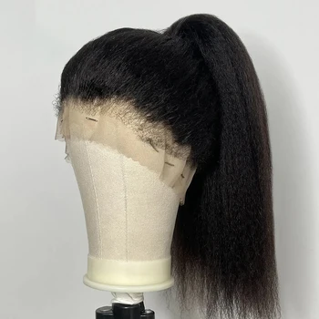 Önceden koparıp 28 ınç Uzun Yumuşak Siyah Yaki Kinky Düz Dantel ön peruk Afrika Kadınlar Için Doğal Saç Çizgisi Ile Afro Bebek Saç - Görüntü 1  