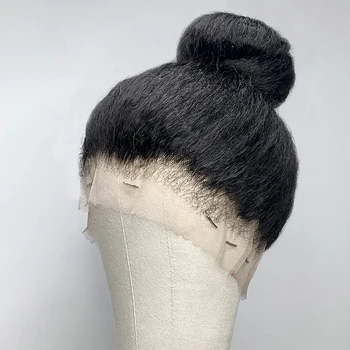 Önceden koparıp 28 ınç Uzun Yumuşak Siyah Yaki Kinky Düz Dantel ön peruk Afrika Kadınlar Için Doğal Saç Çizgisi Ile Afro Bebek Saç - Görüntü 2  
