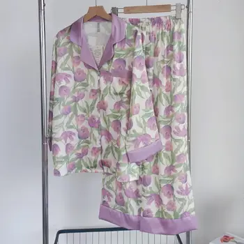 Twinset Baskı Pijama Takım Elbise Kadın İç Çamaşırı Pijama Seti Uzun Kollu Kıyafeti Rahat Yaka İpeksi Saten Pijama PJS İç Çamaşırı - Görüntü 1  
