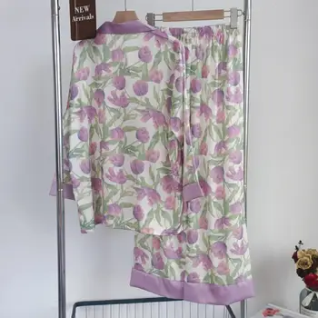 Twinset Baskı Pijama Takım Elbise Kadın İç Çamaşırı Pijama Seti Uzun Kollu Kıyafeti Rahat Yaka İpeksi Saten Pijama PJS İç Çamaşırı - Görüntü 2  