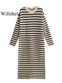 Willshela Kadın Moda Çizgili Gevşek Örme Midi Elbise Vintage O-boyun Uzun Kollu Kadın Şık kadın elbiseleri - Görüntü 1  