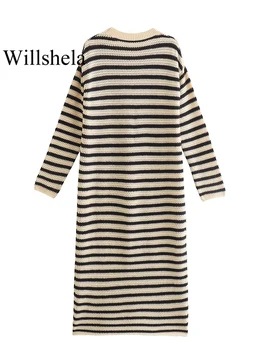 Willshela Kadın Moda Çizgili Gevşek Örme Midi Elbise Vintage O-boyun Uzun Kollu Kadın Şık kadın elbiseleri - Görüntü 2  