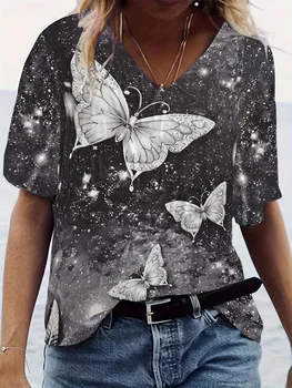 Kadın Artı Boyutu Yeni Yaz Rahat kısa kollu tişört, Büyük Boy Kadın Kelebek Baskı V Yaka Hafif Streç Üst - Görüntü 1  