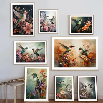 Retro Uğultu Kuşlar Poster Baskılar Oturma Odası Ev Dekor İçin Estetik Uçan Hayvan Ve Çiçek Tuval Boyama Duvar Sanatı Hediye - Görüntü 2  