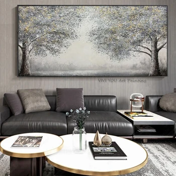 Handpainted Renkli Ağaç Yağlıboya Modern Soyut duvar sanatı tuval yağlıboya Oturma Odası Ev Dekor için - Görüntü 1  