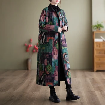 NYFS 2023 Kış Yeni Vintage Ceket Kadınlar İçin Gevşek Uzun Kollu Kalınlaşmak Hafif Ceket Sıcak pamuklu giysiler Baskı Büyük Boy - Görüntü 1  
