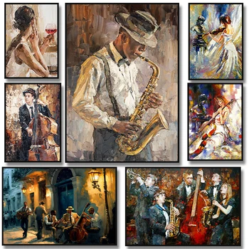 Müzik Caz Saksafon Keman Viyolonsel Gitar Piyano Vintage Sanat Posterleri Tuval Yağlıboya Duvar Baskılar Resimleri Odası Ev Dekor için - Görüntü 1  