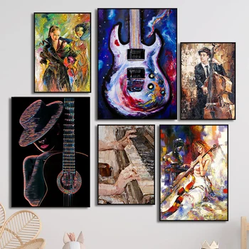 Müzik Caz Saksafon Keman Viyolonsel Gitar Piyano Vintage Sanat Posterleri Tuval Yağlıboya Duvar Baskılar Resimleri Odası Ev Dekor için - Görüntü 2  