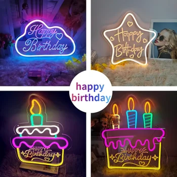 Mutlu yıllar Neon burcu LED yaratıcı Logo doğum günü hediyesi kek şekli tatil parti dekorasyon ışık USB ev odası dekorasyon 네온사인 - Görüntü 1  