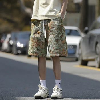 Moda Çiçek Düz Şort erkek Yaz Rahat Beş Pantolon Cityboy Hip-Hop Yüksek Sokak Dipleri Erkek Spor Gevşek kısa pantolon - Görüntü 1  