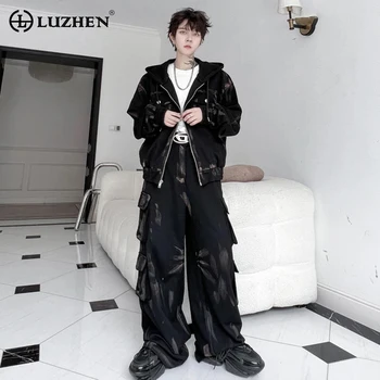 LUZHEN Kapşonlu Erkek Erkek Boya Setleri Hırka Kazak El Niş Tasarım Kore Moda Geniş Bacak Pantolon 2023 Sonbahar Yeni 021d31 - Görüntü 1  