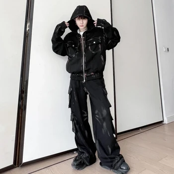 LUZHEN Kapşonlu Erkek Erkek Boya Setleri Hırka Kazak El Niş Tasarım Kore Moda Geniş Bacak Pantolon 2023 Sonbahar Yeni 021d31 - Görüntü 2  