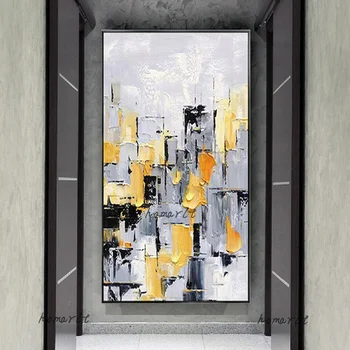 100 % El-Boyalı Yağlıboya Gri Sarı Tuval Poster Modern Şehir Manzaralı Odası Kapalı Dekor Yapıt Orijinal Duvar Sanat Çizim - Görüntü 1  
