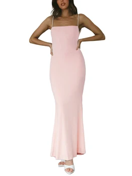 Kadın yaz uzun gece elbisesi düz renk kolsuz parti elbise moda Clubwear - Görüntü 1  