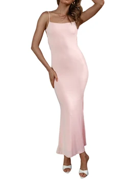 Kadın yaz uzun gece elbisesi düz renk kolsuz parti elbise moda Clubwear - Görüntü 2  