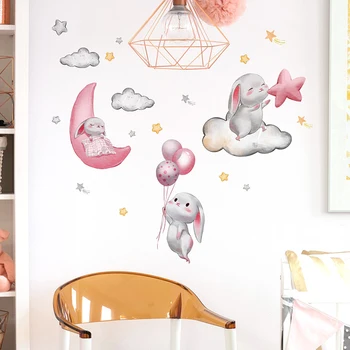 Bebek Kız Odası duvar çıkartmaları Karikatür Pembe Tavşan Duvar Çıkartmaları Yatak Odası Dekorasyon Çocuk Odası Kreş Odası Anaokulu Çıkartmalar - Görüntü 1  