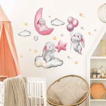 Bebek Kız Odası duvar çıkartmaları Karikatür Pembe Tavşan Duvar Çıkartmaları Yatak Odası Dekorasyon Çocuk Odası Kreş Odası Anaokulu Çıkartmalar - Görüntü 2  