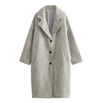 Kadınlar Yeni Moda Uzun tarzı Tek Göğüslü Balıksırtı dimi Yün Ceket Vintage Uzun Kollu Kadın Giyim Şık Palto - Görüntü 1  