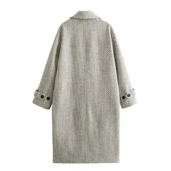 Kadınlar Yeni Moda Uzun tarzı Tek Göğüslü Balıksırtı dimi Yün Ceket Vintage Uzun Kollu Kadın Giyim Şık Palto - Görüntü 2  