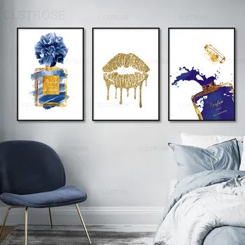 Modern Moda sanat posterleri Mavi Altın Parfüm Kız Dudaklar Yüksek Topuklu Tuval Boyama Duvar Estetik Odası Dekorasyon Resimleri - Görüntü 1  