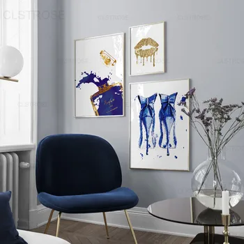 Modern Moda sanat posterleri Mavi Altın Parfüm Kız Dudaklar Yüksek Topuklu Tuval Boyama Duvar Estetik Odası Dekorasyon Resimleri - Görüntü 2  