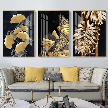 3 adet İskandinav Altın Yaprak Posterler Soyut Ev Dekorasyon Tuval Baskılar Modern Lüks Boyama Duvar Sanatı Oturma Odası ıçin HİÇBİR ÇERÇEVE - Görüntü 1  
