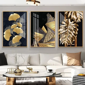 3 adet İskandinav Altın Yaprak Posterler Soyut Ev Dekorasyon Tuval Baskılar Modern Lüks Boyama Duvar Sanatı Oturma Odası ıçin HİÇBİR ÇERÇEVE - Görüntü 2  