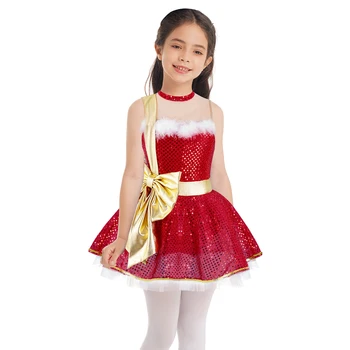Çocuklar Noel Elbise Kız Lirik Dans Kostümleri Sequins Kolsuz İlmek Modern Dans Leotard Elbise Performans Dans Giyim - Görüntü 1  