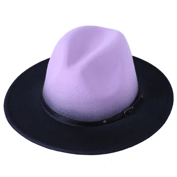 Iki ton fedora şapka kadın kemeri zincir degrade renk kravat boya şapka sonbahar ve kış yün keçe caz silindir şapka erkek sıcak şapka - Görüntü 2  