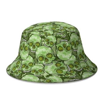 Yeşil Kamuflaj Kafatası Desen Kafatası Kova Şapka Kadın Erkek Öğrenciler İçin Katlanabilir Bob Balıkçı Şapka Panama Kap Streetwear - Görüntü 1  