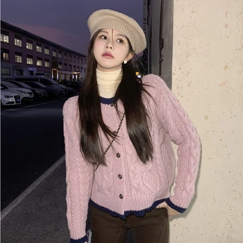 Kadın Hırka Şık Düğme Uzun Kollu Renk Çarpışma Kısa Örme Kazak Hırka Tatlı Büküm Ceket Kadın - Görüntü 1  