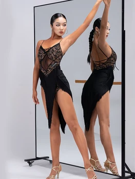 Seksi Dantel Latin Dans Yarışması Elbise Kadın Saçaklı ChaCha Performans Kostüm Yetişkin Rumba Samba Uygulama Giyim VDB7771 - Görüntü 2  