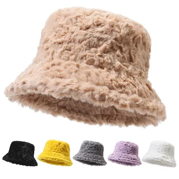 Kadın Peluş Balıkçı Kap Kış Sıcak Kova Şapka Unisex Faux Kürk Düz Renk panama şapkası Moda Rahat Yumuşak Kürklü Kapaklar Hediyeler - Görüntü 1  