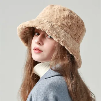 Kadın Peluş Balıkçı Kap Kış Sıcak Kova Şapka Unisex Faux Kürk Düz Renk panama şapkası Moda Rahat Yumuşak Kürklü Kapaklar Hediyeler - Görüntü 2  
