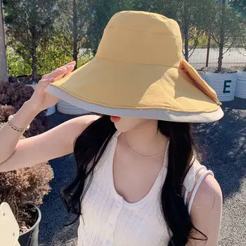 Şapka Kadınlar İçin UV Koruma Plaj Büyük Ağız Düz Renk Seyahat Kadın Kap Balıkçı Şapka Kova Şapka İlmek güneş şapkası - Görüntü 2  