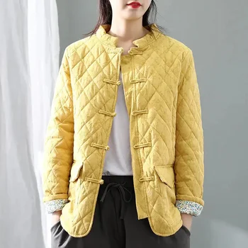 Retro Çin Pamuk kadın Sonbahar ve Keten Gevşek Yalıtım Ekose Toka pardösü Kadın Kış Ceket Elbise - Görüntü 1  