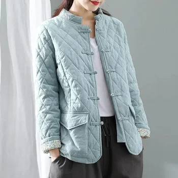 Retro Çin Pamuk kadın Sonbahar ve Keten Gevşek Yalıtım Ekose Toka pardösü Kadın Kış Ceket Elbise - Görüntü 2  
