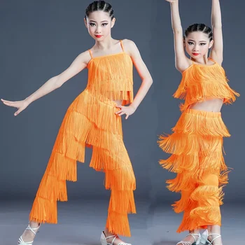 Kızlar Çocuklar Latin Dans Elbise Tango Samba Salsa Dans Kostümleri Saçak Rumba Rekabet Giyim Çocuk Latin Dans Elbise - Görüntü 1  