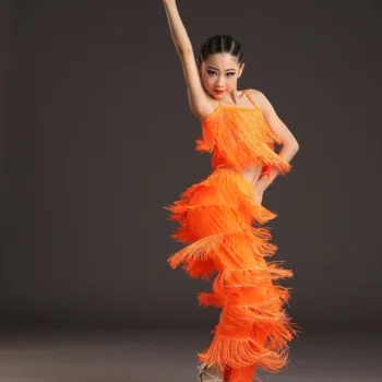 Kızlar Çocuklar Latin Dans Elbise Tango Samba Salsa Dans Kostümleri Saçak Rumba Rekabet Giyim Çocuk Latin Dans Elbise - Görüntü 2  
