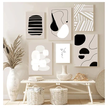 Bej Siyah Tuval Boyama Posteri Baskı Duvar Sanatı Resimleri ıçin Oturma Odası ev içi dekor Moda Soyut Geometrik Desen - Görüntü 1  