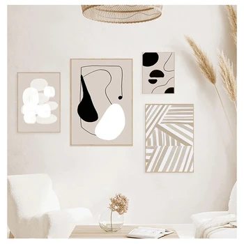 Bej Siyah Tuval Boyama Posteri Baskı Duvar Sanatı Resimleri ıçin Oturma Odası ev içi dekor Moda Soyut Geometrik Desen - Görüntü 2  
