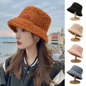 Kore Tarzı Kadın Sonbahar Kova Şapka Kabarık Peluş Yumuşak Sıcak Balıkçı Şapka Panama Rahat Kapaklar Bayan Kış Sıcak şapka - Görüntü 1  