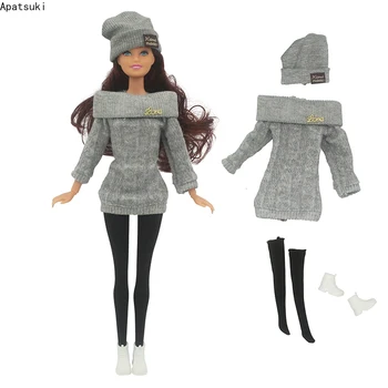 Gri Triko Kazak barbie oyuncak bebek Giysileri Set Üstü Çorap Şapka Ayakkabı El Yapımı Kıyafetler Barbie 1/6 Bebek Aksesuarları - Görüntü 1  