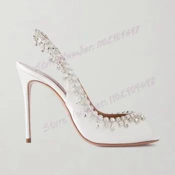 Beyaz Slingback Kristal Dekor Pompaları Peep Toe Ayakkabı Kadınlar için Stilettos Yüksek Topuklu Düğün parti ayakkabıları 2024 Zapatos Para Mujere - Görüntü 2  
