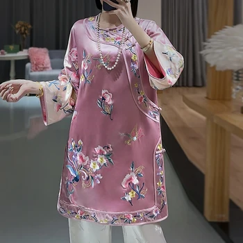 Çin Tarzı Hanfu Üst kadın O-Boyun Gevşek Moda İlkbahar Ve Sonbahar İşlemeli Asetat Ceket S-XXL - Görüntü 1  