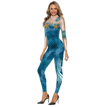 Yetişkin Zentai Cosplay Bodysuit Kadınlar Seksi Mermaid Balık Terazi Baskılı İnce Tulum Performans Kostümleri fantezi parti kıyafeti - Görüntü 2  