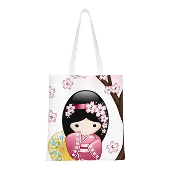 Japon Bahar Kokeshi Bebek bez alışveriş çantası Yeniden Kullanılabilir Tuval Alışveriş Omuz Sevimli Girly Sakura Kiraz Çiçeği Çanta - Görüntü 1  