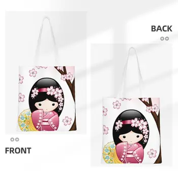 Japon Bahar Kokeshi Bebek bez alışveriş çantası Yeniden Kullanılabilir Tuval Alışveriş Omuz Sevimli Girly Sakura Kiraz Çiçeği Çanta - Görüntü 2  