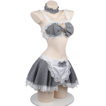 SENMHS Seksi Anime Hizmetçi Cosplay Elbise Üniforma Tatlı Erotik Lolita Günaha Kıyafetler Kawaii Hollow Out Kostümleri Dantel Ekose Etek - Görüntü 2  